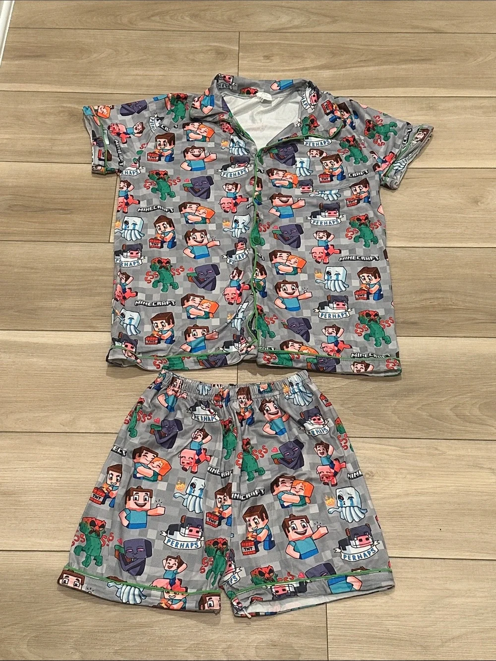 EUC Kids Short Pajama Set - Gray Minecraft-Inspired Print Size 6xl 14 16